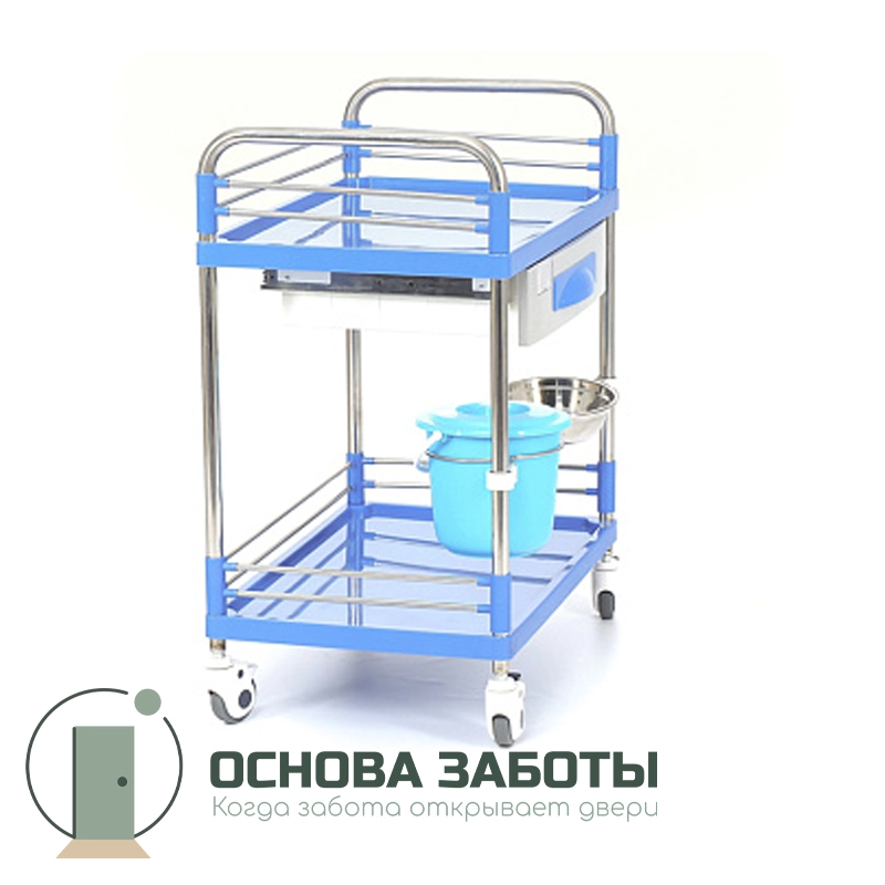 Стол манипуляционный медицинский с двумя полками, тазом и ведерком на кронштейнах