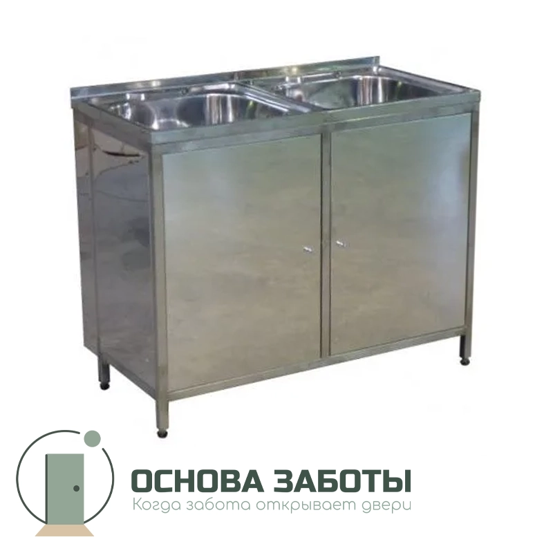Тумба с 2-чашечной мойкой МК-2 НД нержавеющая сталь AISI 304